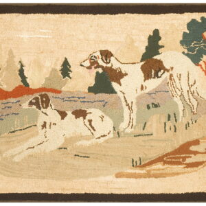 Textured rug with a pastoral scene of two spotted dogs, green trees, rust hills, and a dark brown border.
