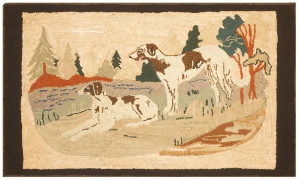 Textured rug with a pastoral scene of two spotted dogs, green trees, rust hills, and a dark brown border.