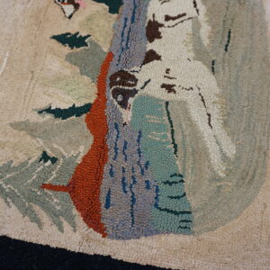 Textured beige rug featuring a patterned scene of a white fawn, rust tree, and green plants.