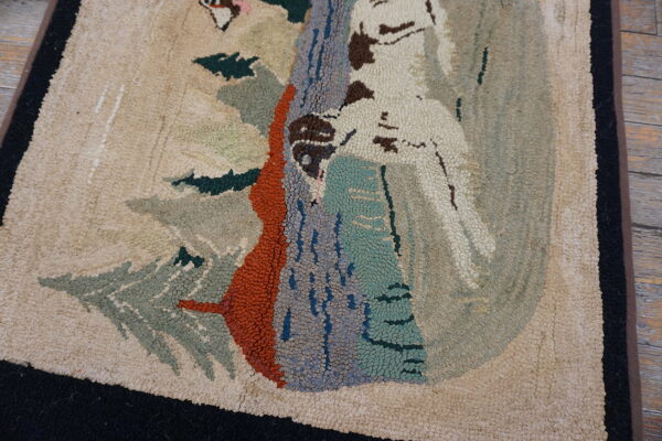 Textured beige rug featuring a patterned scene of a white fawn, rust tree, and green plants.