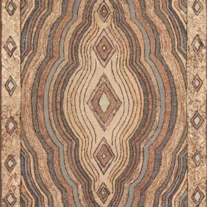 Textured rug displaying abstract, concentric lines in tan, brown, and muted blue, with a bordered diamond motif.
