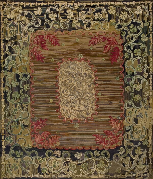Highly detailed, textured rug featuring a brown striped center bordered by dark green and red stylized foliage.