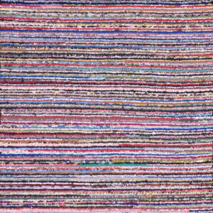 Textured, multicolored rug composed of narrow horizontal stripes in red, blue, pink, green, and brown.