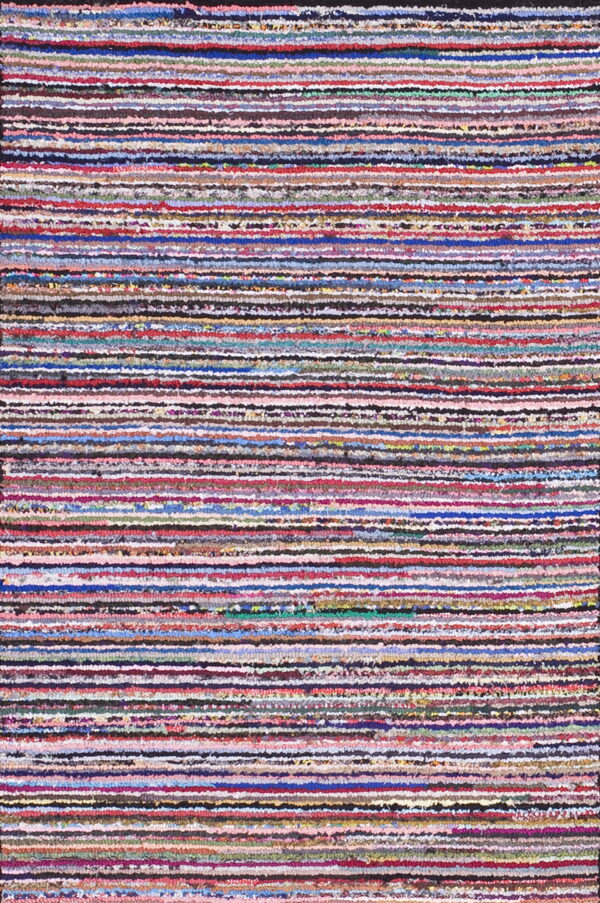 Textured, multicolored rug composed of narrow horizontal stripes in red, blue, pink, green, and brown.