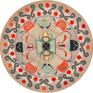 Textured round rug with a beige field, colorful red, green, and orange abstract designs, and a charcoal scroll border.