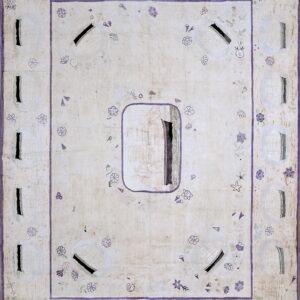Distressed beige rug featuring a purple outlined border, scattered floral elements, and repeating white boat motifs.