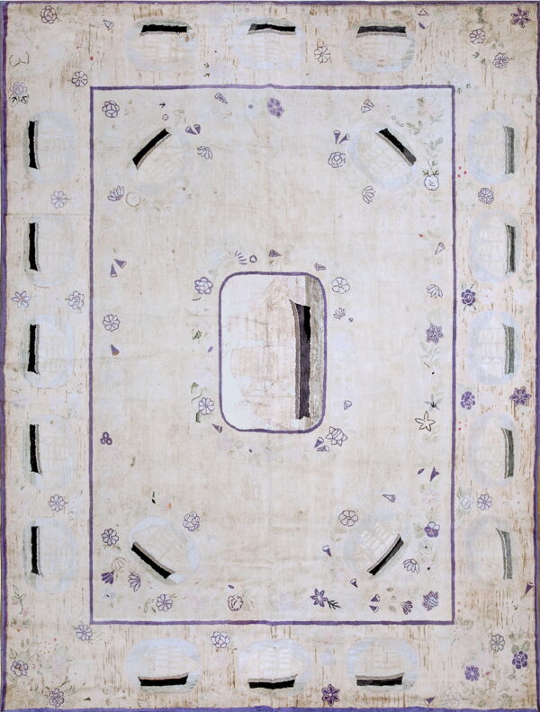 Distressed beige rug featuring a purple outlined border, scattered floral elements, and repeating white boat motifs.