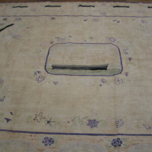 Low-pile beige rug with a central purple-outlined ship and scattered floral motifs on wood flooring.
