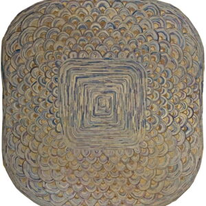 Highly textured rounded square rug featuring a central striped square and layered blue and beige scale patterns.