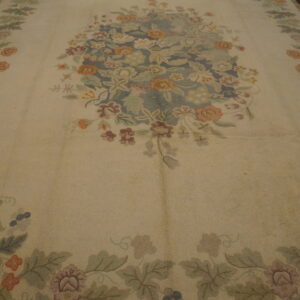 Beige rug with a detailed multicolored floral medallion and vine border on dark plank flooring.