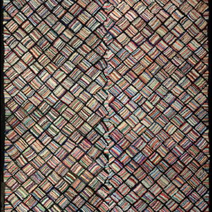 Textured multicolor striped squares create a diagonal lattice pattern on a solid black ground.