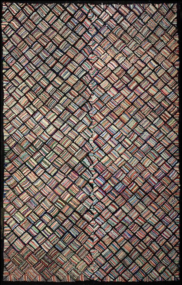 Textured multicolor striped squares create a diagonal lattice pattern on a solid black ground.