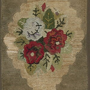 A low pile runner rug in olive green features repeated scalloped medallions with colorful floral designs.