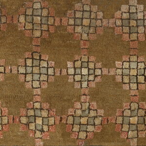 Olive brown rug with interlocking lattice pattern featuring squares in muted tan, gray, and dusty pink.