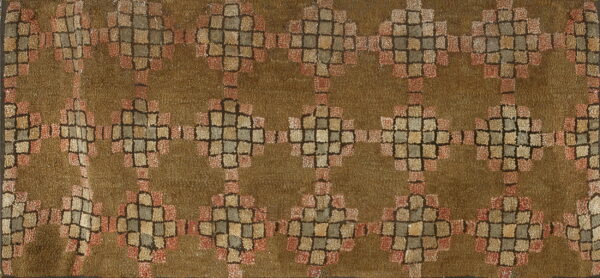 Olive brown rug with interlocking lattice pattern featuring squares in muted tan, gray, and dusty pink.