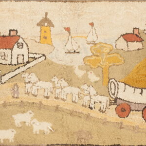 Low-pile hooked rug depicting a pastoral landscape with a covered wagon, houses, and animals.