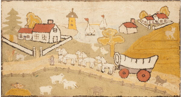 Low-pile hooked rug depicting a pastoral landscape with a covered wagon, houses, and animals.