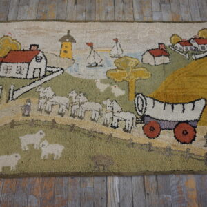 Highly textured, multicolored rug depicting a scenic village, a covered wagon, sheep, and green hills.