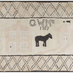 Cream and black folk art rug showing a horse, a house, and "G.W.M. 1787" inside a diamond border.