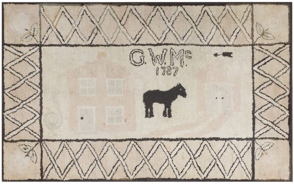 Cream and black folk art rug showing a horse, a house, and "g. W. M. 1787" inside a diamond border.