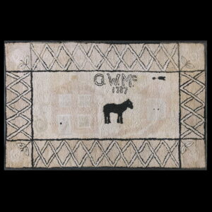 Textured off-white rug with a black horse, GWM 1787 inscription, and a dark diamond border pattern.