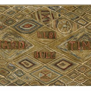 Textured hooked rug with overall diamond pattern, spelling out "HARD TIMES JULY" in red letters.