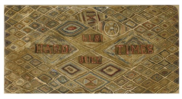 Textured hooked rug with overall diamond pattern, spelling out "hard times july" in red letters.