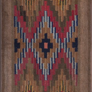 Rustic hooked rug with a central diamond motif made of multicolored geometric blocks on an earth-toned background.
