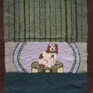 Vertical hooked rug with panels featuring a floral basket, green stripes, and a sitting brown dog.