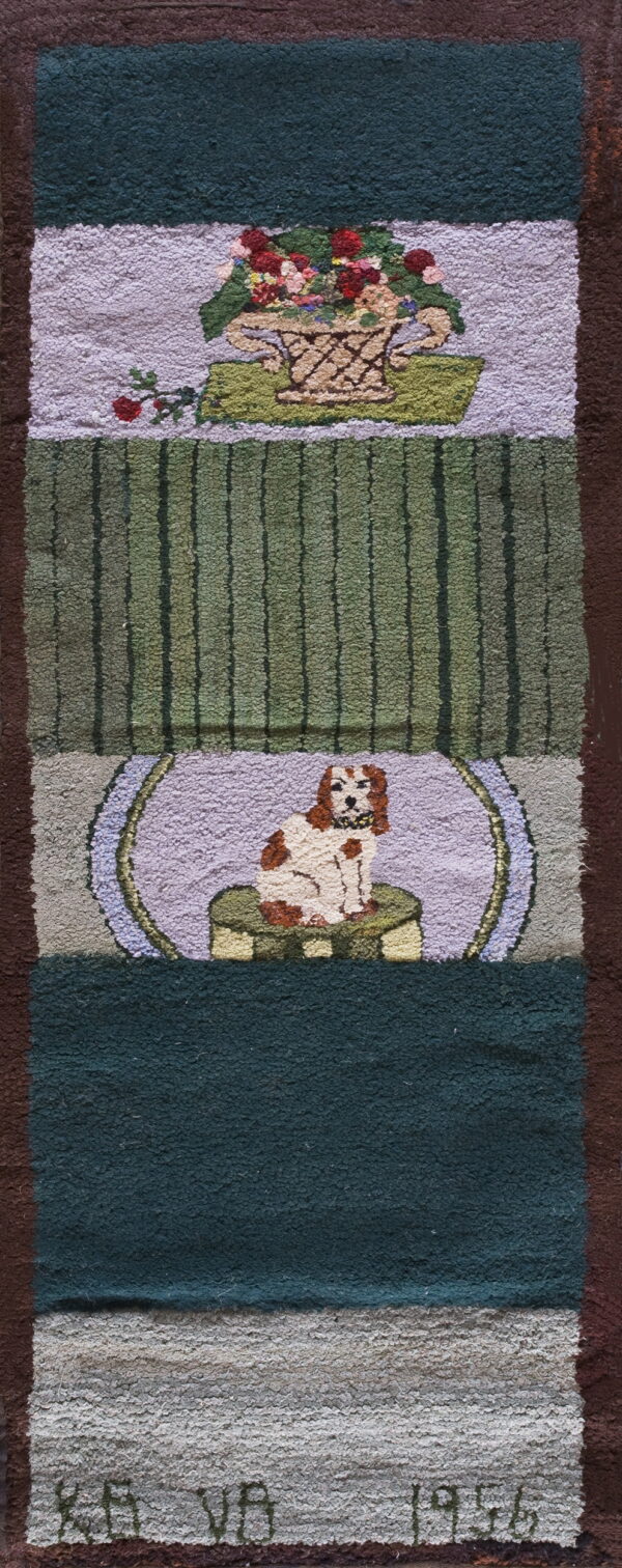 Vertical hooked rug with panels featuring a floral basket, green stripes, and a sitting brown dog.