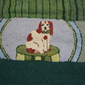 Textured rug depicting a spotted white and red dog on a pedestal against a striped green and blue background.