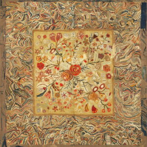 Hooked rug with a yellow center displaying red florals, bordered by wide, multicolored abstract swirling patterns.