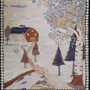 Cream low-pile rug with a rustic scenic pattern of trees, a rust barn, and a checkered border.