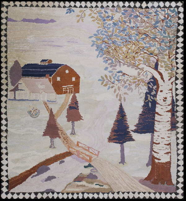 Cream low-pile rug with a rustic scenic pattern of trees, a rust barn, and a checkered border.