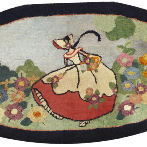 Oval rug with a hooked pastoral scene showing a woman among colorful flowers and a dark border.