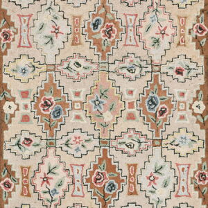 Beige, brown, pink, and blue rug featuring stepped geometric medallions surrounding detailed floral motifs.