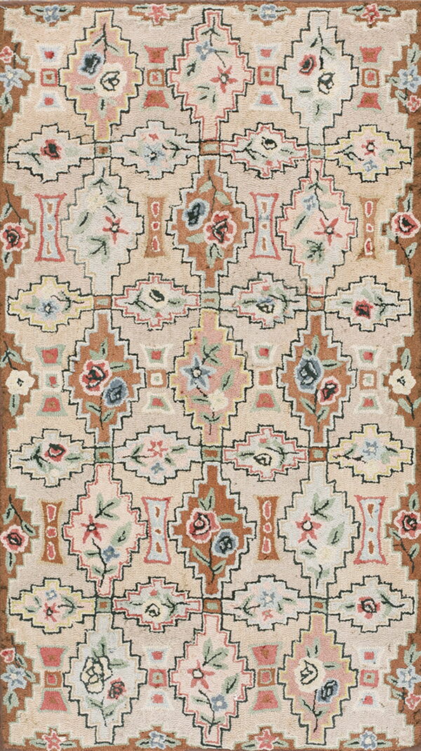 Beige, brown, pink, and blue rug featuring stepped geometric medallions surrounding detailed floral motifs.