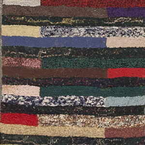 High-pile rug runner displaying a striped design made of irregular, multicolored blocks of texture.