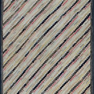 A runner rug with multi-colored diagonal zigzag stripes on a light background and a dark solid border.