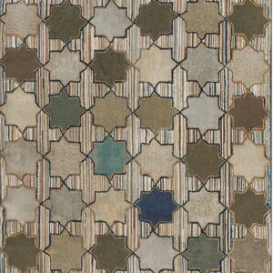 Geometric rug with octagonal motifs in earth tones and blue, connected by vertical multicolored striped bands.