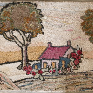Multi-color hooked rug featuring a pastoral scene with a pink-roofed house, flowers, and two large trees.