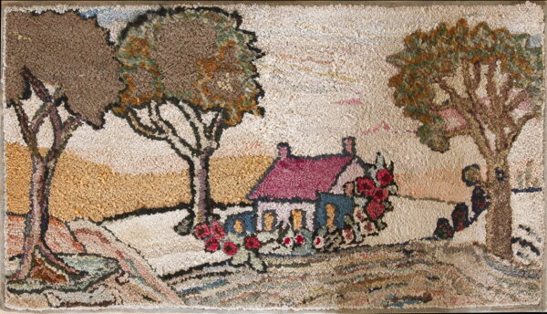 Multi-color hooked rug featuring a pastoral scene with a pink-roofed house, flowers, and two large trees.