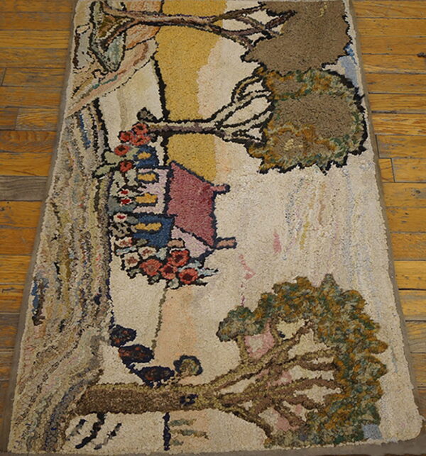 High-pile rug featuring a rustic landscape of trees, red flowers, and a pink house on wooden flooring.