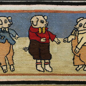 Hooked rug depicting three anthropomorphic pigs wearing clothing against blue and tan fields, with a multi-colored striped border.