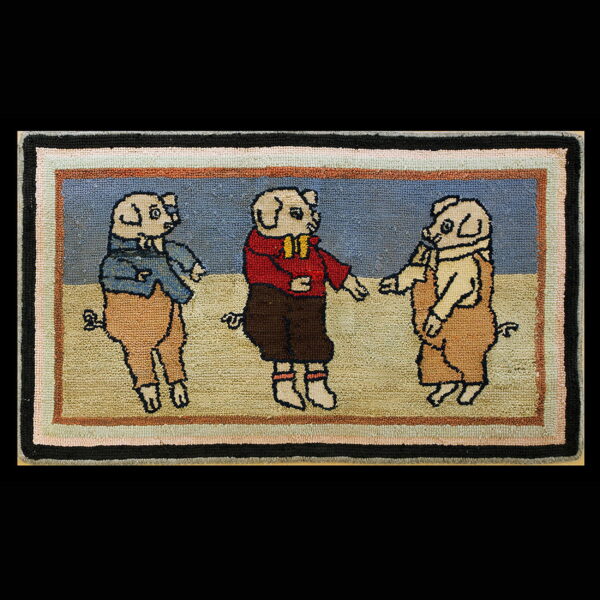 Hooked rug displaying three cartoon pigs standing in human clothes within a colorful multi-stripe border.