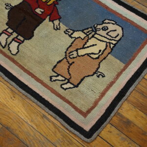 Textured rug featuring cartoonish figures in tan, blue, red, and cream on rustic wooden flooring.