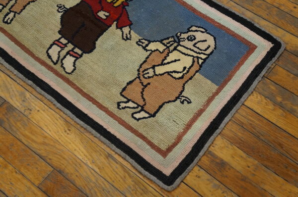 Textured rug featuring cartoonish figures in tan, blue, red, and cream on rustic wooden flooring.