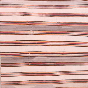Off-white flatweave rug detailed with narrow horizontal stripes of black, rust, and red, and wide bands of gray.