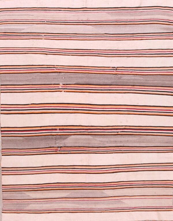 Off-white flatweave rug detailed with narrow horizontal stripes of black, rust, and red, and wide bands of gray.