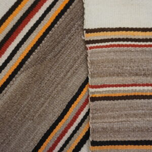 Two overlapping sections of flatweave rug display textured taupe fields and narrow stripes in cream, red, and orange.